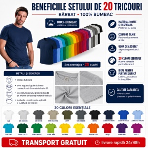 Set 20 Tricouri Bărbați 100% Bumbac, Multicolor, Croială Regular Fit, Mărimi S - 3XL, Transport Gratuit - Img 4