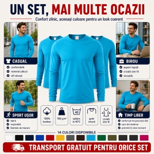 Set 3 Bluze Bărbați 100% Bumbac, Mâneci Lungi, Slim Fit, 160 g/m², Aceeași Culoare, 14 Culori Disponibile, Mărimi S–3XL - Img 9