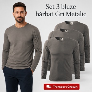 Set 3 Bluze Bărbați 100% Bumbac, Mâneci Lungi, Slim Fit, 160 g/m², Aceeași Culoare, 14 Culori Disponibile, Mărimi S–3XL - Img 19