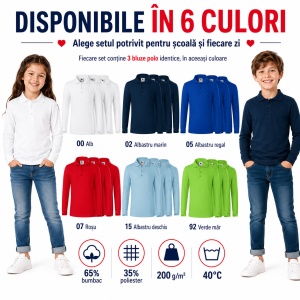 Set 3 Bluze Polo Copii Malfini cu Mânecă Lungă, 65% Bumbac, Unisex Fete și Băieți, 6–12 Ani, 6 Culori