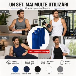Set 3 Maiouri Bărbat 100% Bumbac, Maieu Sport și Casual, Tricou Fără Mâneci, Lejer și Respirabil, S–2XL, 5 Culori - Img 5