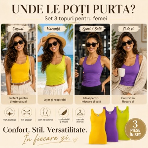 Set 3 Maiouri Damă Tip Top din Bumbac cu Elastan – Tricouri Fără Mâneci, galben, violet, lime | XS-2XL - Img 4