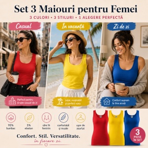 Set 3 Topuri Damă Malfini Triumph 136 Roșu Galben Albastru 95% Bumbac Slim Fit XS–2XL, tricou fara maneci tip maiou - Img 4