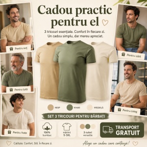 Set 3 Tricouri Bărbați 100% Bumbac – Culori Naturale, Nisip, Khaki, Migdală - Img 5