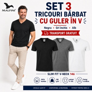 Set 3 Tricouri Bărbați 100% Bumbac cu Guler V-Neck – Alb, Negru și Gri | Model 102 | Transport Gratuit - Img 6