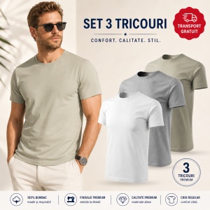 Set 3 Tricouri Bărbați 100% Bumbac Regular Clasic – Alb, Gri Închis și Kaki Deschis | S-3XL