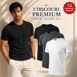 Set 3 Tricouri Bărbați 100% Bumbac Regular Clasic – Alb, Negru și Gri S - 3XL