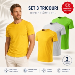 Set 3 Tricouri Bărbați 100% Bumbac Regular Clasic – Galben, Gri Deschis și Verde Mar | S-3XL