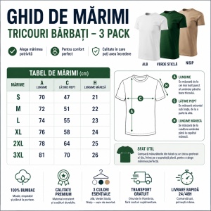 Set 3 Tricouri Bărbați 100% Bumbac Regular Clasic – Nisip, Verde Sticlă și Alb | S-3XL - Img 3