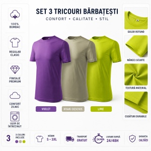 Set 3 Tricouri Bărbați 100% Bumbac Regular Clasic – Violet, Khaki Deschis și Lime | S-3XL - Img 7