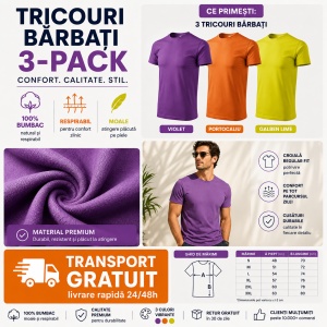 Set 3 Tricouri Bărbați 100% Bumbac Regular Clasic – Violet, Portocaliu și Galben Lime | S-3XL - Img 2