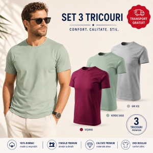 Set 3 Tricouri Bărbați 100% Bumbac Regular Clasic – Vișiniu, Verde Sage și Gri Ice | S-3XL