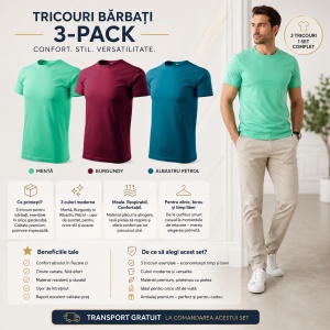 Set 3 Tricouri Bărbați 100% Bumbac Regular Fit – Albastru Petrol, Vișiniu, Verde Mentă | S-3XL - Img 2