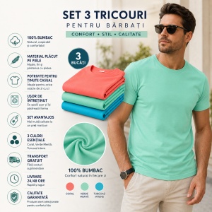 Set 3 Tricouri Bărbați 100% Bumbac Regular Fit – Coral, Verde Mentă, Turcoaz | S-3XL - Img 2