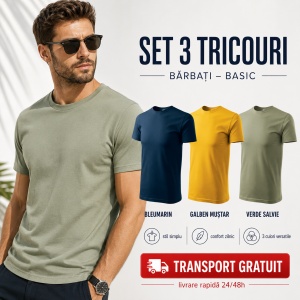 Set 3 Tricouri Bărbați din bumbac 100%, Malfini Elegant Casual – Galben, Kaki, Bleumarin