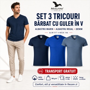 Set 3 tricouri bărbați Malfini Slim Fit V Neck 146, guler în V, 100% bumbac, 180 g/m², albastru marin, albastru regal și denim, mărimi S 3XL, transport gratuit