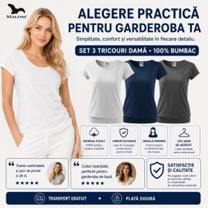 Set 3 tricouri bumbac 100%, cu banda aplicata jos elegant casual pentru femei 120 - Alb Gri Albastru Marin - Img 7