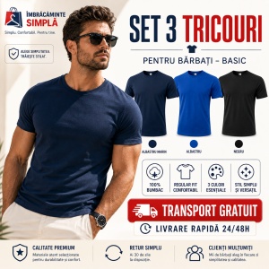 Set 3 tricouri bumbac 100% simplu clasic pentru barbati, Albastru marin, Negru, Albastru - 132