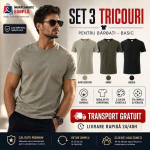 Set 3 tricouri bumbac 100% simplu clasic pentru barbati, army, kaki deschis, gri ardezie 132 - Img 10