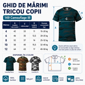 Set 3 tricouri camuflaj copii, 100% bumbac, pentru fete și băieți, mărimi 4–12 ani - Img 4