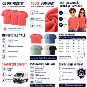 Set 3 tricouri copii din bumbac 100% – 33 nuanțe disponibile, fete și băieți Transport Gratuit - Img 6