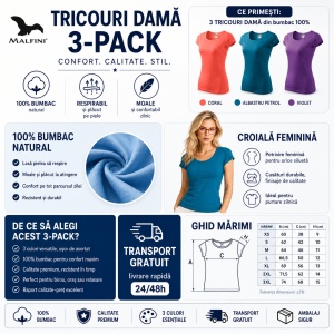 Set 3 Tricouri Damă 100% Bumbac – Albastru, Coral și Violet | Model 122 | Transport Gratuit - Img 5