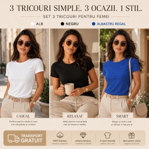 Set 3 Tricouri Damă 100% Bumbac – Casual Clasic, Alb, Negru și Albastru Regal | Transport Gratuit - Img 4