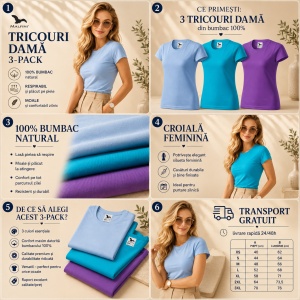 Set 3 Tricouri Damă 100% Bumbac – Casual Clasic, Albastru Deschis, Turcoaz și Violet | Transport Gratuit - Img 4