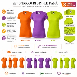 Set 3 Tricouri Damă 100% Bumbac – Casual Clasic, Portocaliu, Violet și Lime | Transport Gratuit - Img 4