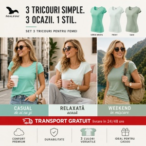 Set 3 Tricouri Damă 100% Bumbac – Elegant Casual cu Decolteu, Verde Mentă, Frost și Sage | Model 122 | Transport Gratuit - Img 5