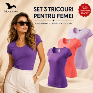 Set 3 Tricouri Damă 100% Bumbac – Elegant Casual cu Decolteu, Violet, Coral și Orchid | Model 122 | Transport Gratuit