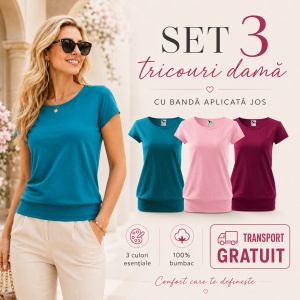 Set 3 Tricouri Damă cu Bandă Jos, 100% Bumbac – Turcoaz Închis, Roz și Rododendron
