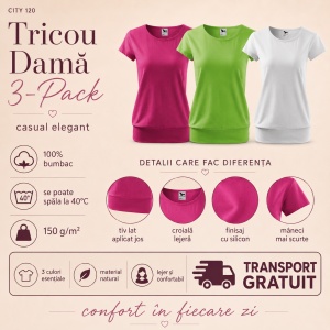 Set 3 Tricouri Damă cu Bandă Jos | 100% Bumbac, Purpuriu, Verde Măr și Alb - Img 2