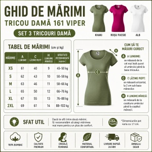 Set 3 tricouri damă din bumbac 100% – Viper 161, Khaki, Roșu Fucsie și Alb, croială feminină - Img 3