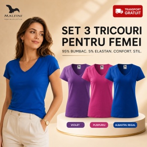 Set 3 tricouri dama guler in V decolteu simplu culori violet, roz albastru v-neck 128
