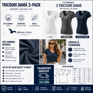 Set 3 tricouri damă Malfini 128 Dream, decolteu în V, 95% bumbac, alb, gri închis, albastru marin - Img 4