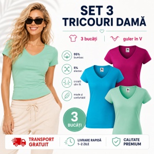 Set 3 Tricouri Damă Malfini 162 Fit V-Neck, Guler în V, 95% Bumbac, Slim Fit, Fucsia, Albastru Turcoaz, Verde Mentă, XS–2XL