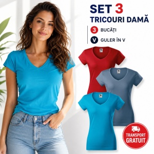 Set 3 Tricouri Damă Malfini 162 Fit V-Neck, Guler în V, Bumbac Premium, Roșu, Albastru Denim și Turcoaz - Img 4