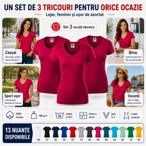 Set 3 Tricouri Damă Malfini Fit V-Neck 162 – 100% Bumbac, Croială Cambrată, Guler în V, 13 Culori - Img 10