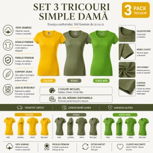Set 3 Tricouri Damă Simple 100% Bumbac – Galben, Khaki și Verde Măr - Img 5