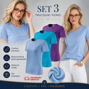 Set 3 tricouri dama simple bumbac 100%, casual clasic pentru femei multicolor, albastru deschis, turcoaz, violet 133 - Img 6