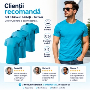 Set 3 tricouri din bumbac 100%, pentru barbati Basic Classic, Malfini, Turcoaz - Img 2