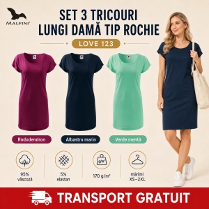 Set 3 Tricouri Lungi Damă Tip Rochie Malfini Love 123 – Rododendron, Albastru Marin și Verde Mentă