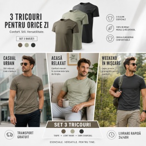 Set 3 tricouri pentru barbati, army, kaki deschis, negru din Bumbac 100% - 129 - Img 10