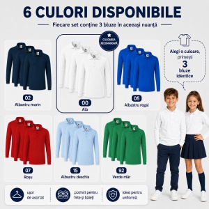 Set 3 Tricouri Polo Copii cu Mânecă Lungă – Bluze pentru Școală, Uniformă, Joacă și Timp Liber, Băieți și Fete