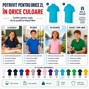 Set 3 tricouri polo copii, fete și băieți, 65% bumbac, 200 g/mp, aceeași culoare - Img 6