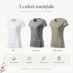 Set 3 tricouri simple dama bumbac clasic casual pentru femei, alb, gri inchis, kaki deschis 134 - Img 11