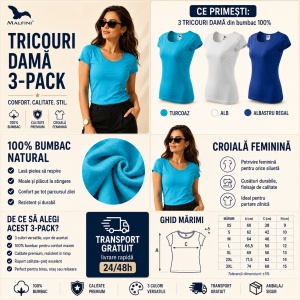 Set 3 tricouri simple dama din bumbac 100%, Elegant casual cu decolteu femei, alb, turcoaz, albastru regal, transport gratuit - Img 5