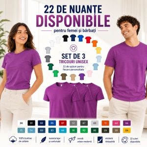 Set 3 tricouri unisex damă și bărbat, 100% bumbac, aceeași culoare, 22 nuanțe disponibile - Img 5