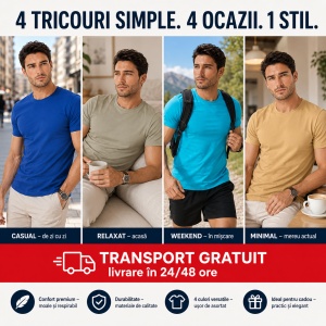 Set 4 Tricouri Bărbați 100% Bumbac Basic – Turcoaz, Nisip, Khaki Deschis și Albastru Regal | S-3XL - Img 6